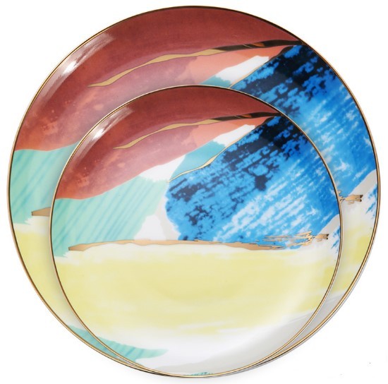 Beautiful Watercolor Dessert Plates, Gorgeous Stunning Dinnerware, Real Gold plated edge