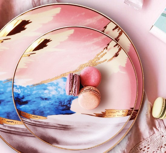 Beautiful Watercolor Dessert Plates, Gorgeous Stunning Dinnerware, Real Gold plated edge