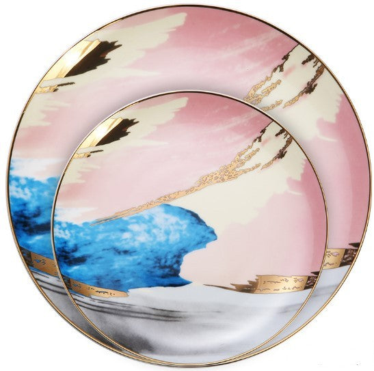 Beautiful Watercolor Dessert Plates, Gorgeous Stunning Dinnerware, Real Gold plated edge