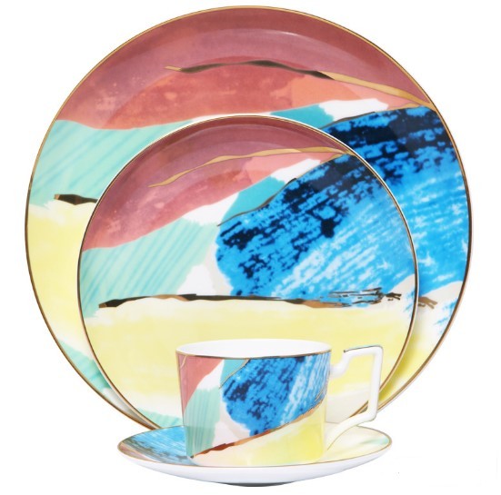 Beautiful Watercolor Dessert Plates, Gorgeous Stunning Dinnerware, Real Gold plated edge