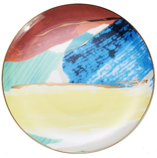 Beautiful Watercolor Dessert Plates, Gorgeous Stunning Dinnerware, Real Gold plated edge
