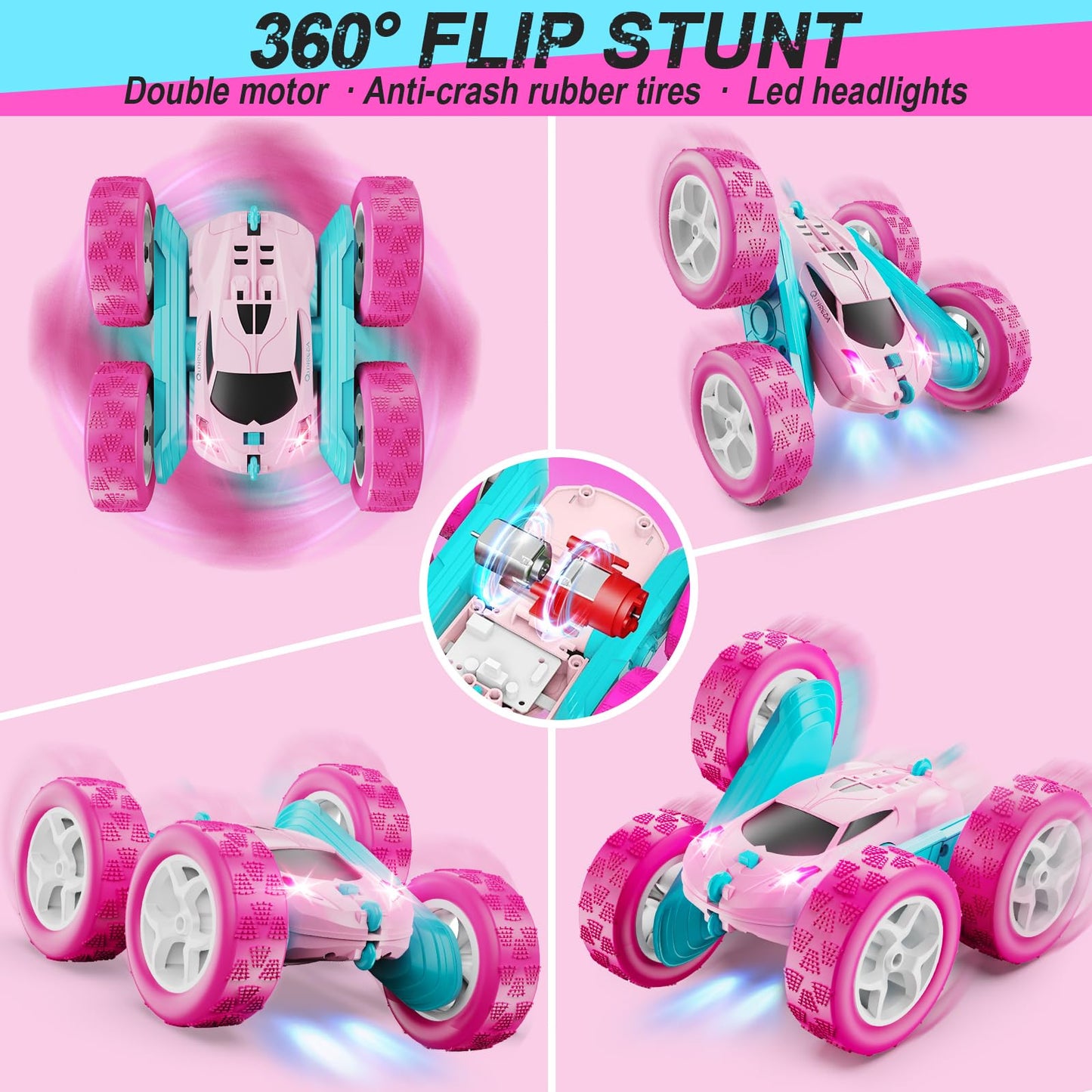 QUNREDA RC Cars, Pink Remote Control Car for Girls, 2.4 GHZ Double Sided RC Stunt Car 360?? Rotating Remote Control Crawler with Headlights Car Toys for 6 7 8 9 10 11 12 Girls Birthday