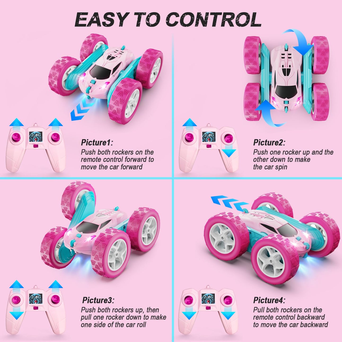 QUNREDA RC Cars, Pink Remote Control Car for Girls, 2.4 GHZ Double Sided RC Stunt Car 360?? Rotating Remote Control Crawler with Headlights Car Toys for 6 7 8 9 10 11 12 Girls Birthday