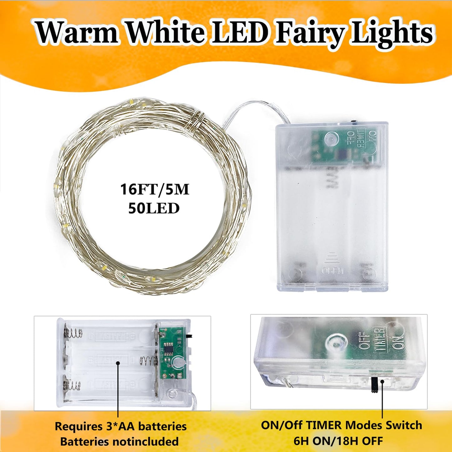 4-Pack Fairy Lights Battery Operated with Timer, Waterproof 16FT 50 LED String Lights Outdoor Indoor, Cuttable Twinkle Lights for Christmas Home Bedroom Wedding DIY Centerpiece Birthday (Warm White)