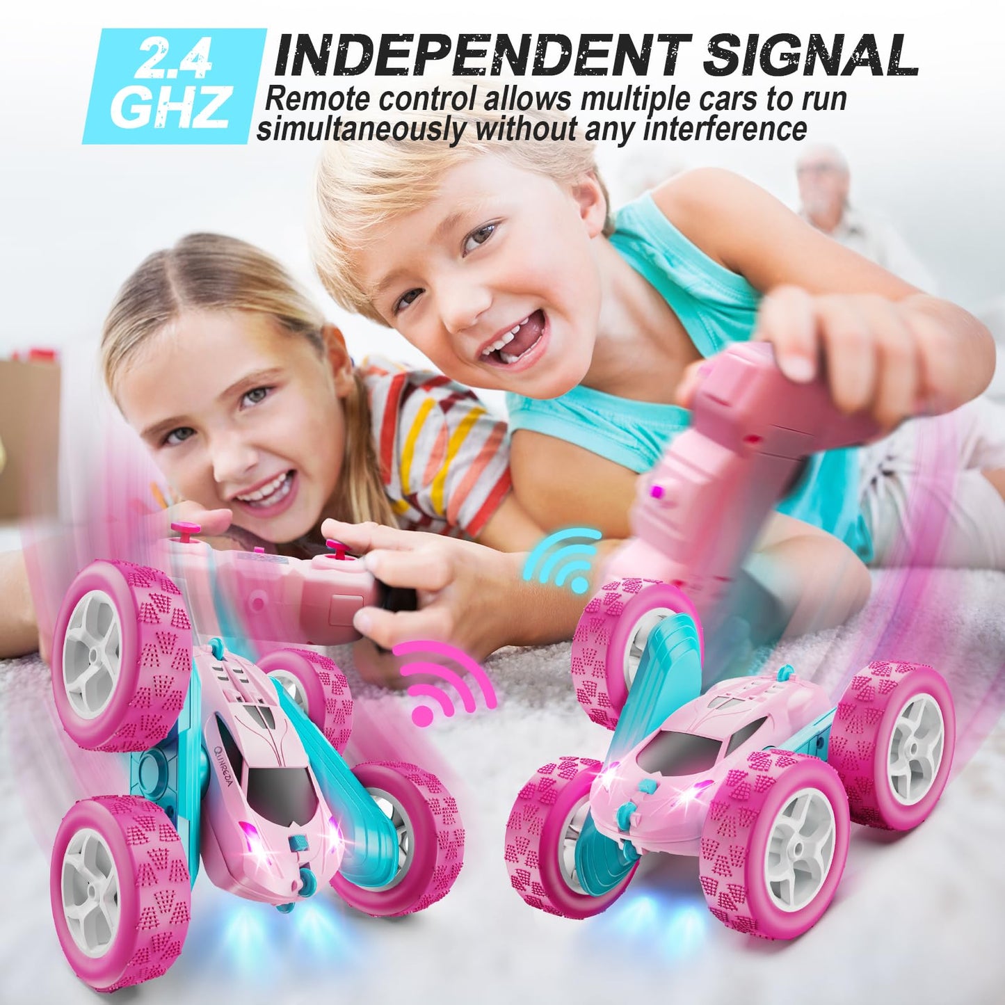 QUNREDA RC Cars, Pink Remote Control Car for Girls, 2.4 GHZ Double Sided RC Stunt Car 360?? Rotating Remote Control Crawler with Headlights Car Toys for 6 7 8 9 10 11 12 Girls Birthday
