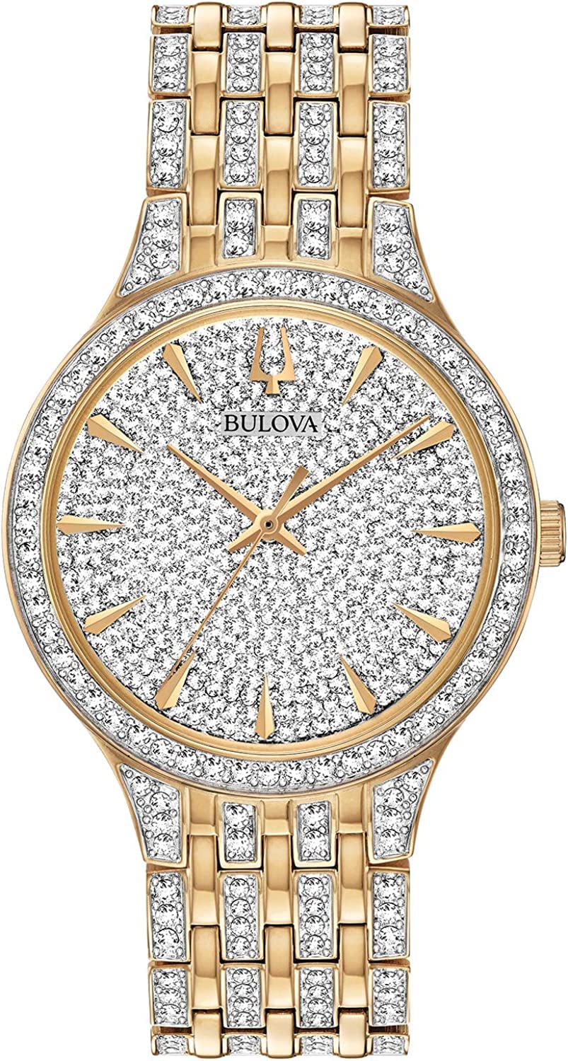 Bulova Ladies' Crystal Phantom Gold Tone Stainless Steel 2-Hand Quartz Watch, 440 Crystals and Pave Dial Style: 98L263