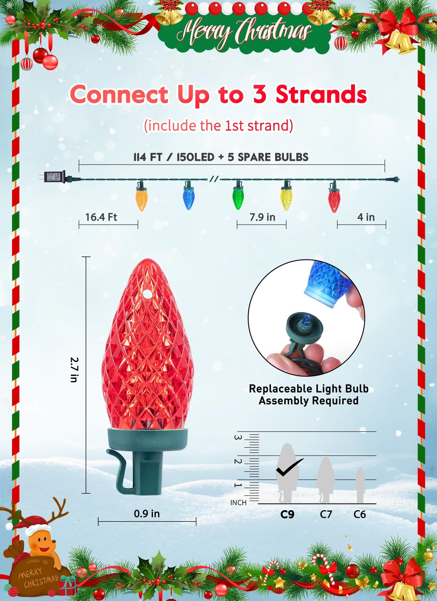 C9 Christmas Lights Outdoor, 114 Feet 150 LED C9 String Lights with Timer & 8 Light Modes, Waterproof Commercial Grade Connectable Christmas Tree Lights for Indoor Outside Roofline Patio, Multicolor