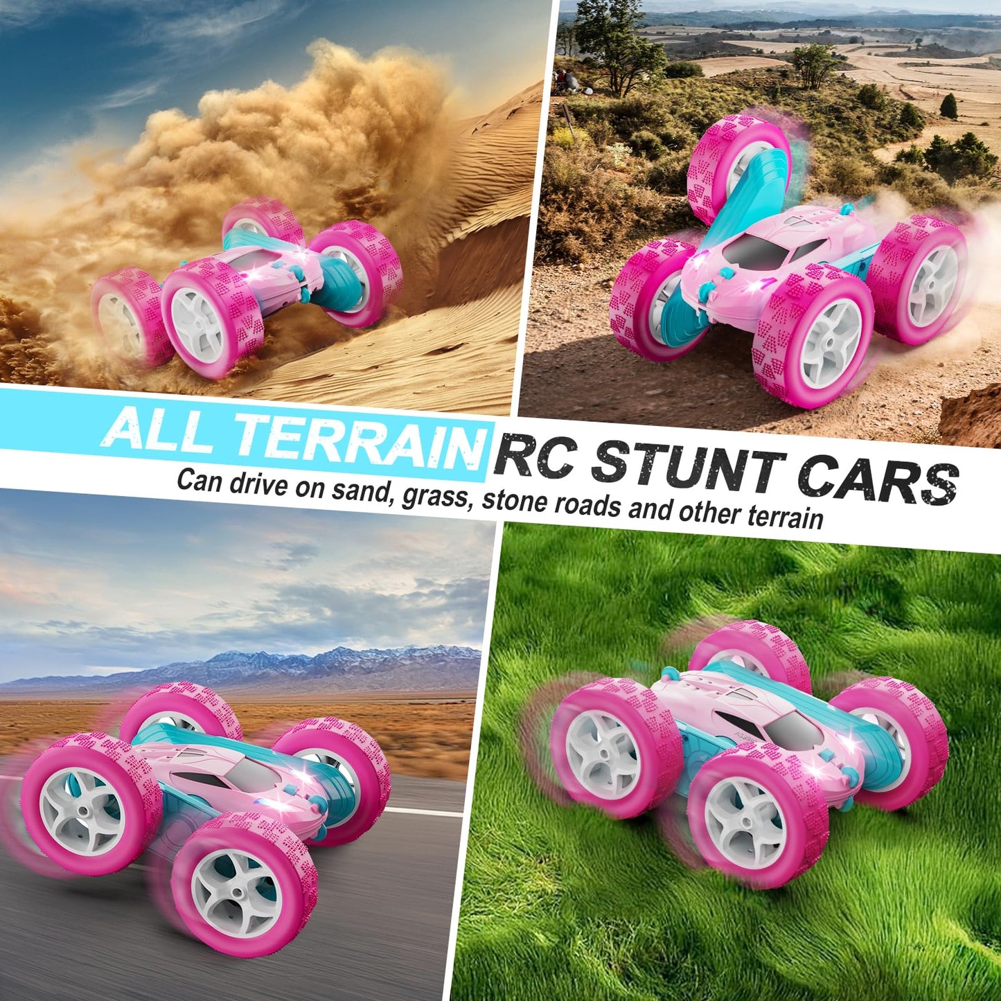 QUNREDA RC Cars, Pink Remote Control Car for Girls, 2.4 GHZ Double Sided RC Stunt Car 360?? Rotating Remote Control Crawler with Headlights Car Toys for 6 7 8 9 10 11 12 Girls Birthday
