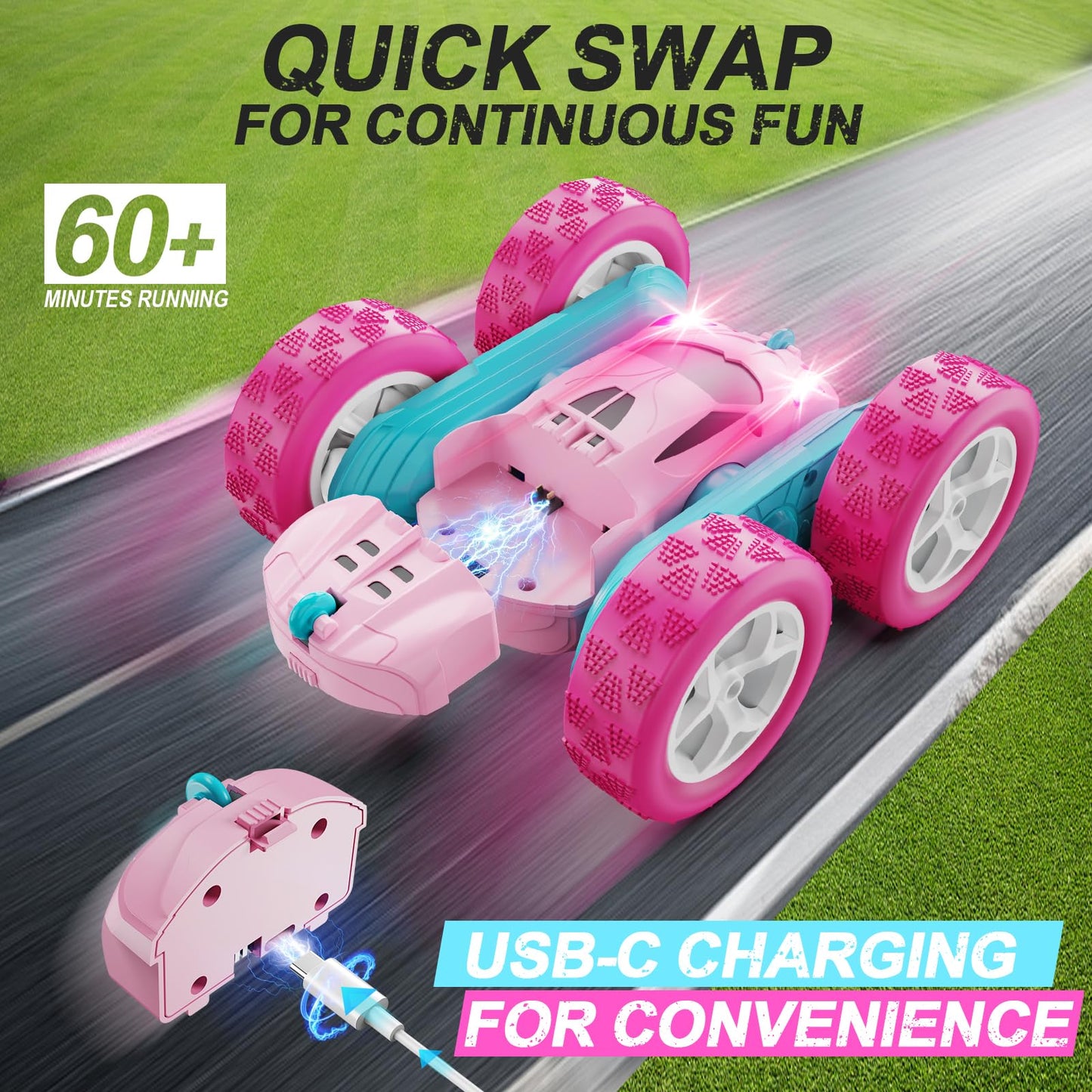 QUNREDA RC Cars, Pink Remote Control Car for Girls, 2.4 GHZ Double Sided RC Stunt Car 360?? Rotating Remote Control Crawler with Headlights Car Toys for 6 7 8 9 10 11 12 Girls Birthday