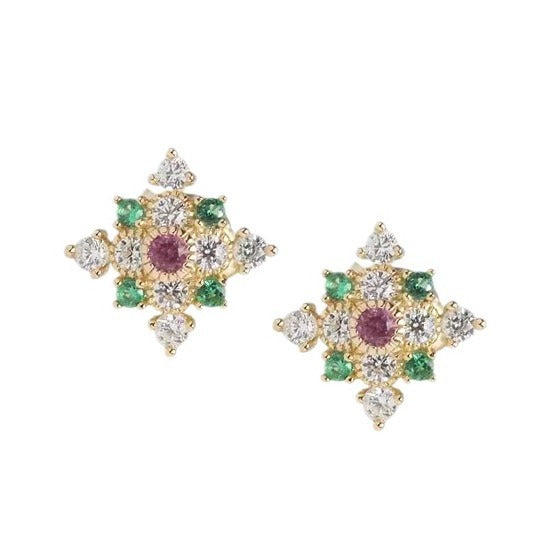 Mori Style Vintage Emerald Sterling Silver Stud Earrings Design Diamond Color