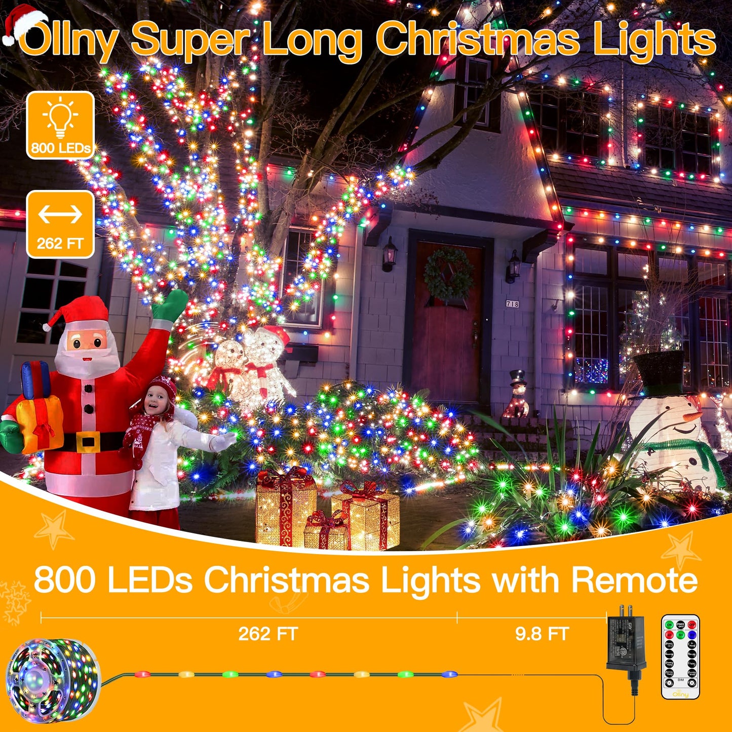 Ollny Christmas Lights 800 LED 262FT Plug in, IP67 Waterproof Green Wire Outdoor Christmas Lights with Remote, 8 Modes with Timer Christmas Tree Lights for House Indoor Xmas Decorations Multicolored