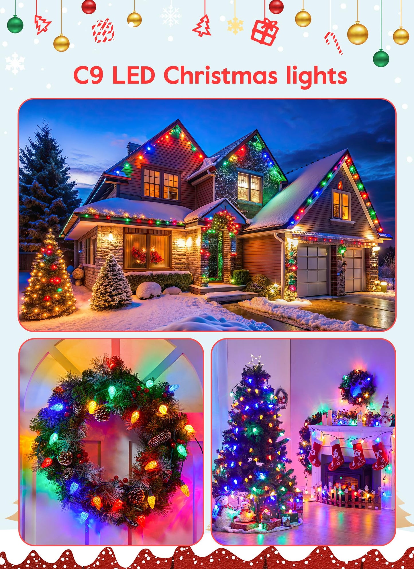 C9 Christmas Lights Outdoor, 114 Feet 150 LED C9 String Lights with Timer & 8 Light Modes, Waterproof Commercial Grade Connectable Christmas Tree Lights for Indoor Outside Roofline Patio, Multicolor