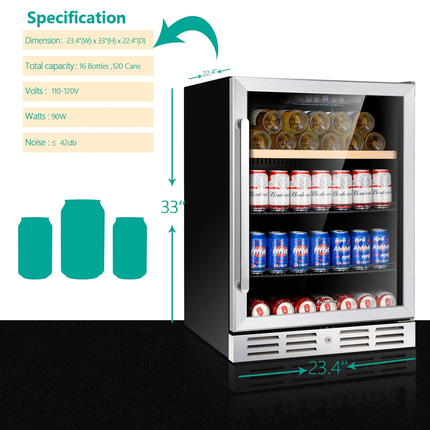 Kalamera Mini Fridge 24?ǥ Beverage and Wine Cooler Built-in or Freestanding - 118 Cans & 16 Bottles Capacity Wine Refrigerator Cooler