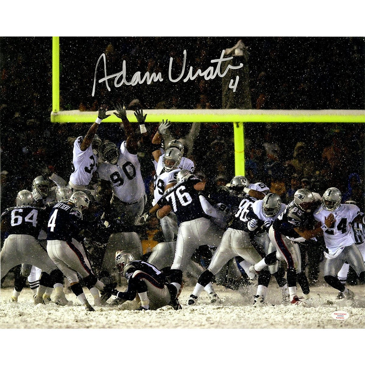 Adam Vinatieri Signed New England Patriots Snow Kick 16x20 Photo (SSM/Adam Vinatieri Auth)