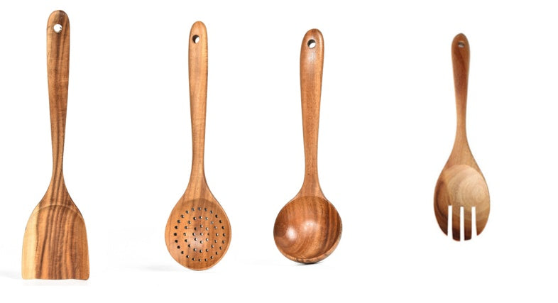 Elegant Cookware, Teak Natural Wood Tableware Spoon Ladle Turner Rice Colander Soup Skimmer Cooking Tool Sets Spoon Scoop Kitchen Tools Gadgets