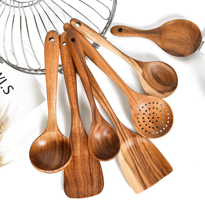 Elegant Cookware, Teak Natural Wood Tableware Spoon Ladle Turner Rice Colander Soup Skimmer Cooking Tool Sets Spoon Scoop Kitchen Tools Gadgets