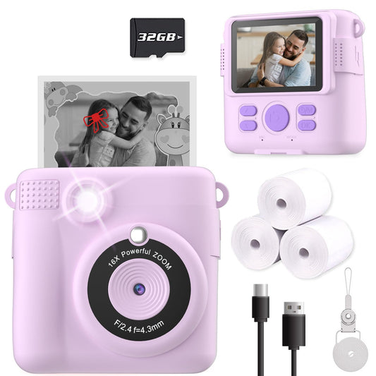 ESOXOFFORE Instant Print Camera for Kids, Christmas Birthday Gifts for Girls Boys, HD Digital Video Cameras for Toddler, Portable Toy for 4 5 6 7 8 9 10 Year Old Girl with 32GB SD Card-Purple