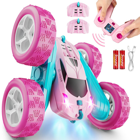 QUNREDA RC Cars, Pink Remote Control Car for Girls, 2.4 GHZ Double Sided RC Stunt Car 360?? Rotating Remote Control Crawler with Headlights Car Toys for 6 7 8 9 10 11 12 Girls Birthday