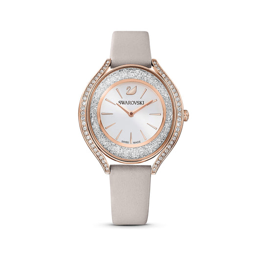 SWAROVSKI Crystalline Aura Watch, Leather Strap, Gray, Rose-Gold Tone; Swiss Made