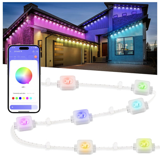 Nexillumi Permanent Outdoor Lights for House, 100ft Smart RGB Plus IC Outside Lights with 72 Scene Modes, IP68 Waterproof Eaves Lights for Christmas All Holiday Decorations