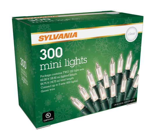 SYLVANIA Christmas Lights, Clear, 300 (2x150) Light Set, Green Wire. 64.75' Total Length, For Indoor and Outdoor use (V48150-34)