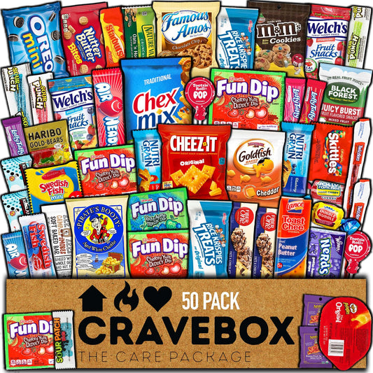 CRAVEBOX Snack Box (50 Count) Christmas Variety Pack Gift Care Package Basket Adult Kid Guy Girl Women Men Birthday College Student Office Back to School