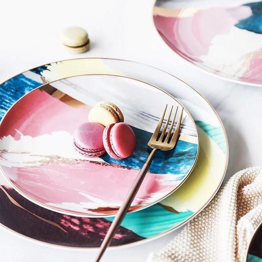 Beautiful Watercolor Dessert Plates, Gorgeous Stunning Dinnerware, Real Gold plated edge