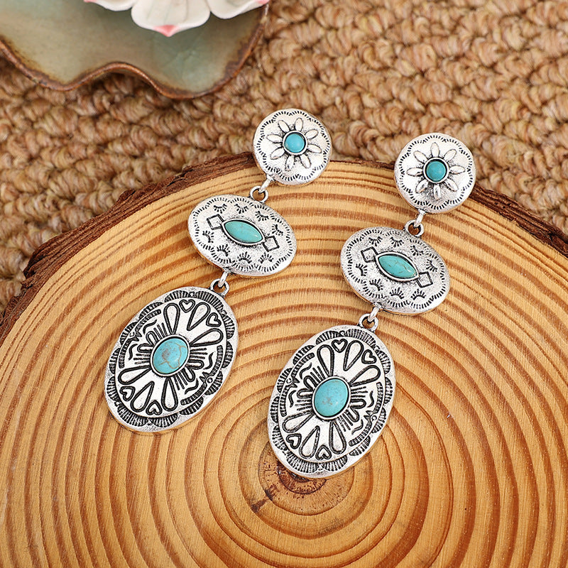 Vintage Western Wind Turquoise Oval Earrings, Stunning Vintage Jewelry